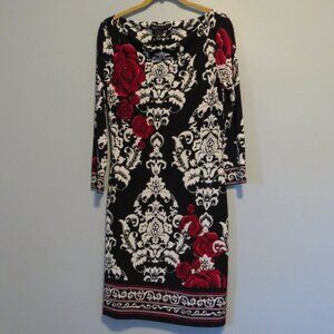 White House Black Market Black White Red Rose Floral Scroll Print Dress Sz XS
